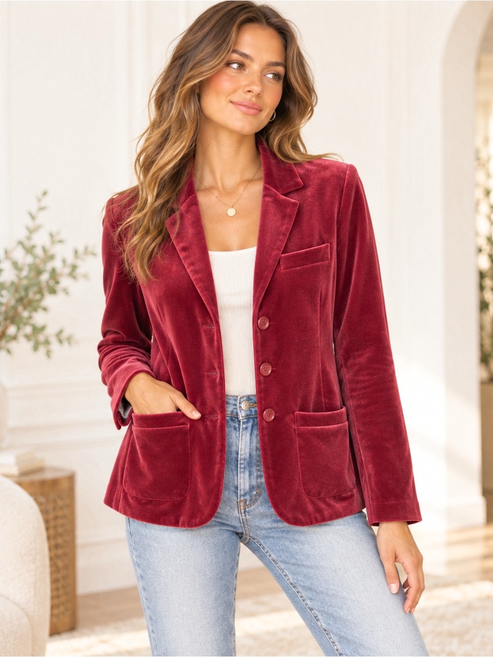 Lesley Evers Britt Velvet Blazer Size Medium Burgundy Cotton Blend Made in USA